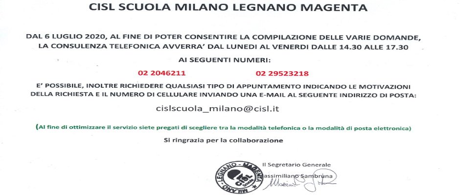 Organizzazione appuntamenti Cisl Scuola Milano Metropoli(Magenta)